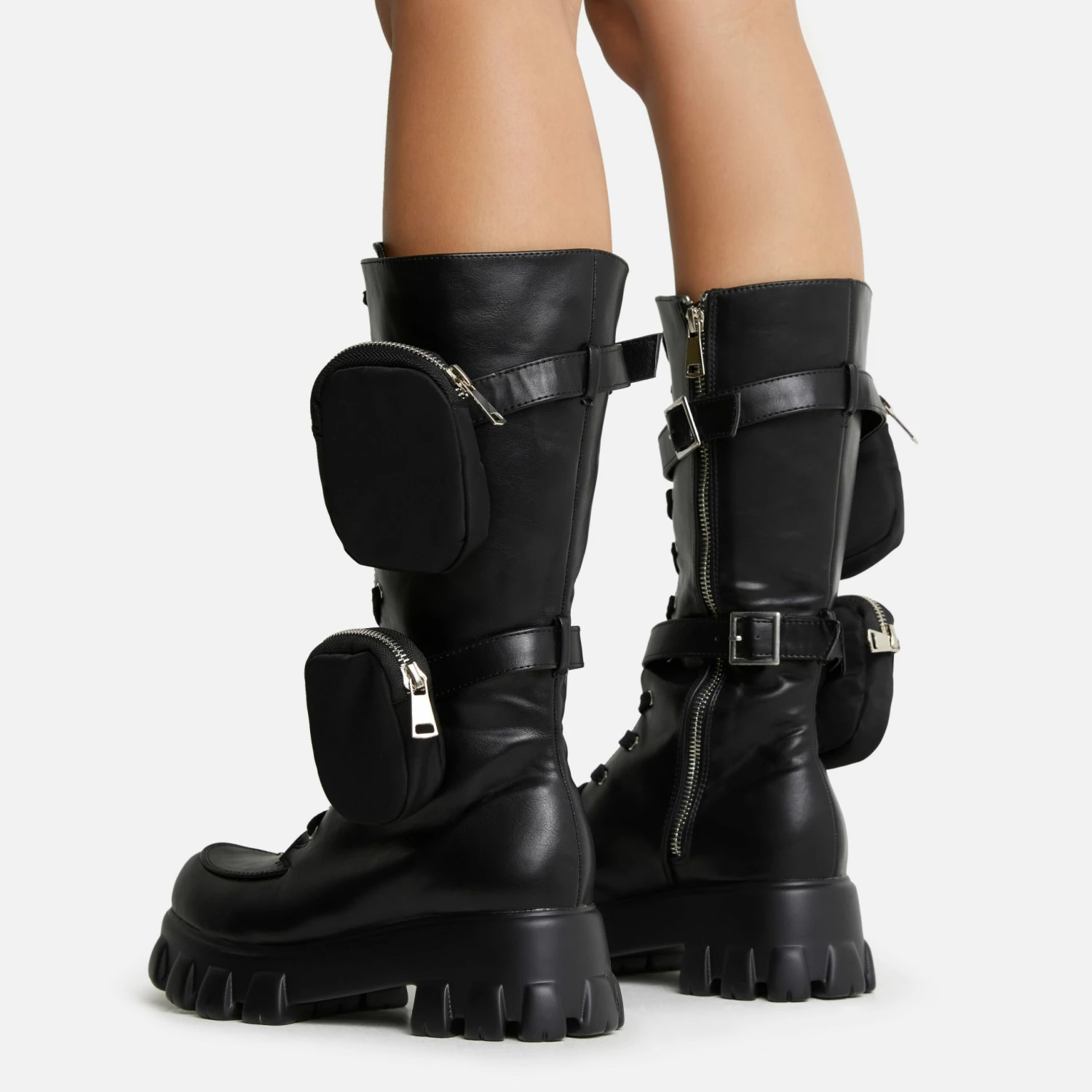 EGO Fyre Pocket Detail Lace Up Chunky Sole Ankle Biker Boot In Black Faux Leather 6 EGO Fyre Pocket Detail Lace Up Chunky Sole Ankle Biker Boot In Black Faux Leather - Image 4