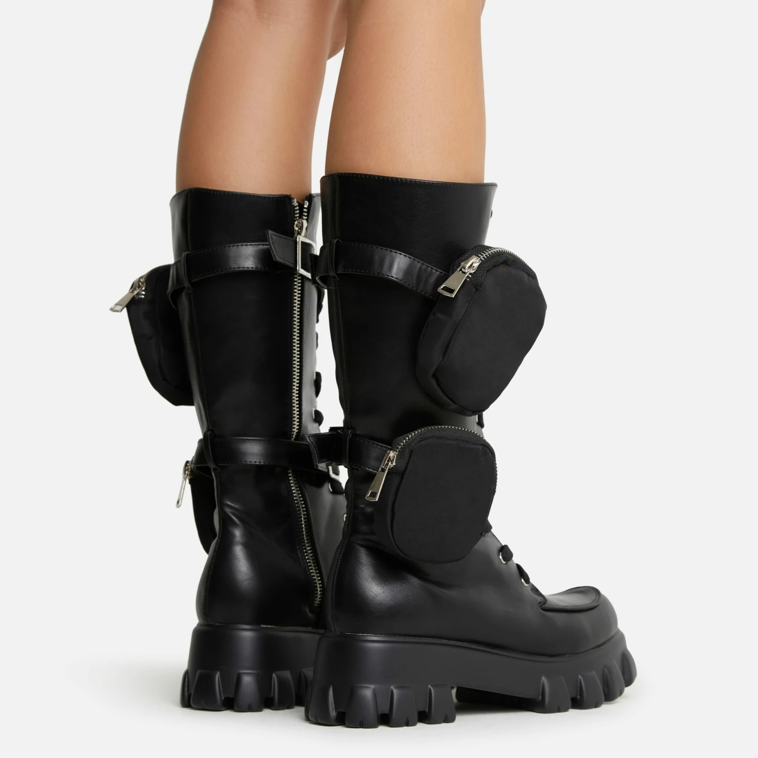 EGO Fyre Pocket Detail Lace Up Chunky Sole Ankle Biker Boot In Black Faux Leather 7 EGO Fyre Pocket Detail Lace Up Chunky Sole Ankle Biker Boot In Black Faux Leather - Image 5