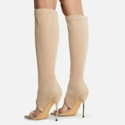EGO Nessa Pointed Toe Metallic Stiletto Heel Knee High Long Boot In Nude Lycra -EGO Sales Store 22 09 22 fwbags1926 copy