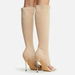 EGO Nessa Pointed Toe Metallic Stiletto Heel Knee High Long Boot In Nude Lycra -EGO Sales Store 22 09 22 fwbags1927 copy