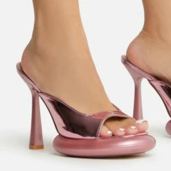 EGO Volvic Peep Toe Statement Platform Stiletto Heel Mule In Pink Metallic Faux Leather -EGO Sales Store 22 09 22 fwbags1937 sq 1