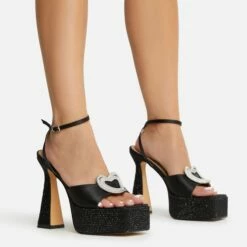 EGO Sparkling Diamante Detail Square Peep Toe Platform Flared Block Heel In Black Satin -EGO Sales Store 22 09 22 fwbags1952 copy