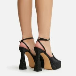 EGO Sparkling Diamante Detail Square Peep Toe Platform Flared Block Heel In Black Satin -EGO Sales Store 22 09 22 fwbags1955 copy