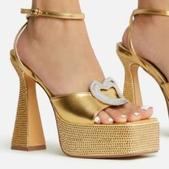 EGO Sparkling Diamante Detail Square Peep Toe Platform Flared Block Heel In Gold Faux Leather -EGO Sales Store 22 09 22 fwbags1957 copy