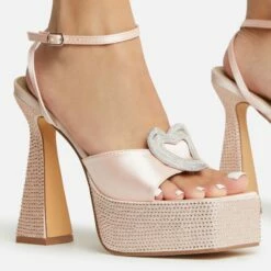 EGO Sparkling Diamante Detail Square Peep Toe Platform Flared Block Heel In Nude Satin -EGO Sales Store 22 09 22 fwbags1961 copy