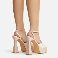 EGO Sparkling Diamante Detail Square Peep Toe Platform Flared Block Heel In Nude Satin -EGO Sales Store 22 09 22 fwbags1963 copy