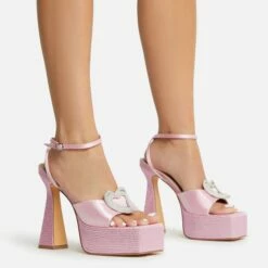 EGO Sparkling Diamante Detail Square Peep Toe Platform Flared Block Heel In Pink Satin -EGO Sales Store 22 09 22 fwbags1964 copy
