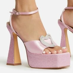 EGO Sparkling Diamante Detail Square Peep Toe Platform Flared Block Heel In Pink Satin -EGO Sales Store 22 09 22 fwbags1965 copy