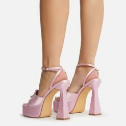 EGO Sparkling Diamante Detail Square Peep Toe Platform Flared Block Heel In Pink Satin -EGO Sales Store 22 09 22 fwbags1966 copy