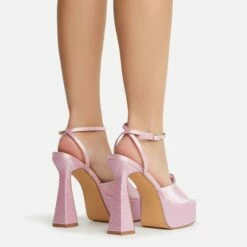 EGO Sparkling Diamante Detail Square Peep Toe Platform Flared Block Heel In Pink Satin -EGO Sales Store 22 09 22 fwbags1967 copy