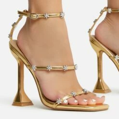 EGO Jocee Diamante Triple Strap Square Toe Statement Heel In Gold Faux Leather -EGO Sales Store 22 09 22 fwbags1969 sq