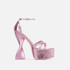 EGO Sweetner Strappy Open Toe Platform Twisted Statement Heel In Pink Metallic Croc Print Faux Leather -EGO Sales Store 2261 blk12987