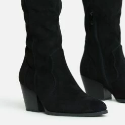 EGO Magnum Pointed Toe Block Heel Knee High Long Western Cowboy Boot In Black Faux Suede -EGO Sales Store 2261 blk15973