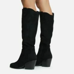 EGO Magnum Pointed Toe Block Heel Knee High Long Western Cowboy Boot In Black Faux Suede -EGO Sales Store 2261 blk15974