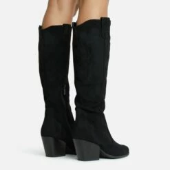 EGO Magnum Pointed Toe Block Heel Knee High Long Western Cowboy Boot In Black Faux Suede -EGO Sales Store 2261 blk15975