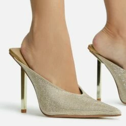 EGO All-That-Jazz Pointed Toe Metallic Stiletto Heel Mule In Gold Diamante -EGO Sales Store 2261 blk16162 copy