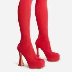 EGO Hypnosis Closed Square Toe Platform Flared Block Heel Long Legging Boot In Red Lycra -EGO Sales Store 2261 blk16191 copy