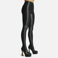 EGO Hypnosis Closed Square Toe Platform Flared Block Heel Long Legging Boot In Black Lycra
