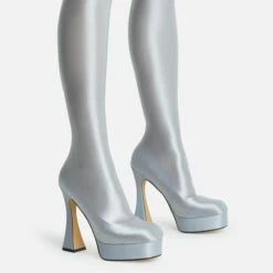 EGO Hypnosis Closed Square Toe Platform Flared Block Heel Long Legging Boot In Silver Lycra -EGO Sales Store 2261 blk16195 copy