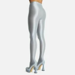 EGO Hypnosis Closed Square Toe Platform Flared Block Heel Long Legging Boot In Silver Lycra -EGO Sales Store 2261 blk16196 copy