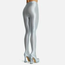 EGO Hypnosis Closed Square Toe Platform Flared Block Heel Long Legging Boot In Silver Lycra -EGO Sales Store 2261 blk16197 copy