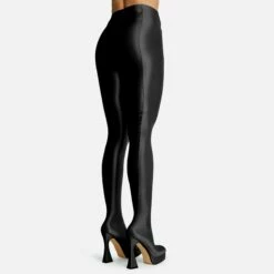 EGO Hypnosis Closed Square Toe Platform Flared Block Heel Long Legging Boot In Black Lycra -EGO Sales Store 2261 blk16197 copy 1
