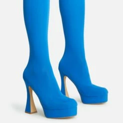EGO Hypnosis Closed Square Toe Platform Flared Block Heel Long Legging Boot In Blue Lycra -EGO Sales Store 2261 blk16199 copy
