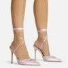 EGO All-Good Lace Up Diamante Detail Pointed Toe Stiletto Heel In Light Pink Satin -EGO Sales Store 2261 blk16206 copy
