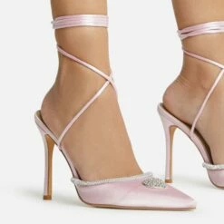 EGO All-Good Lace Up Diamante Detail Pointed Toe Stiletto Heel In Light Pink Satin -EGO Sales Store 2261 blk16207 copy