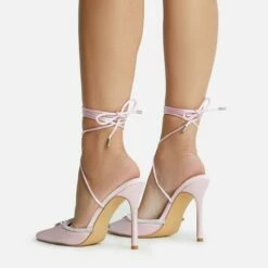 EGO All-Good Lace Up Diamante Detail Pointed Toe Stiletto Heel In Light Pink Satin -EGO Sales Store 2261 blk16208 copy