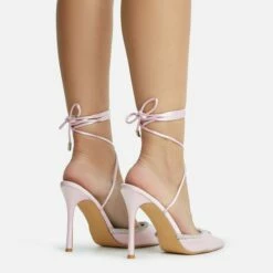 EGO All-Good Lace Up Diamante Detail Pointed Toe Stiletto Heel In Light Pink Satin -EGO Sales Store 2261 blk16209 copy