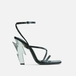 EGO Cadence Strappy Square Toe Metallic Lighting Bolt Statement Heel In Black Faux Leather -EGO Sales Store 2261 blk17877