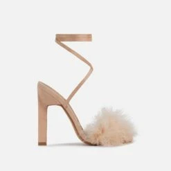 EGO Aubrie Fluffy Faux Feather Lace Up Square Toe Sculptured Heel In Nude Faux Suede -EGO Sales Store 25 05 210750