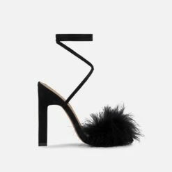EGO Aubrie Fluffy Faux Feather Lace Up Square Toe Sculptured Heel In Black Faux Suede -EGO Sales Store 25 05 210751