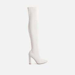 EGO Only-Fans Block Heel Over The Knee Thigh High Long Sock Boot In Cream Nude Ribbed Knit -EGO Sales Store 26 087036