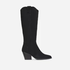 EGO Magnum Pointed Toe Block Heel Knee High Long Western Cowboy Boot In Black Faux Suede -EGO Sales Store 2703 blk12957 sq