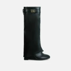 EGO Emile Buckle Detail Wedge Heel Knee High Long Boot In Black Faux Leather -EGO Sales Store 28 10 22 fw18504 sq