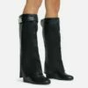 EGO Emile Buckle Detail Wedge Heel Knee High Long Boot In Black Faux Leather -EGO Sales Store 28 10 22 fw20264 copy