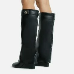 EGO Emile Buckle Detail Wedge Heel Knee High Long Boot In Black Faux Leather -EGO Sales Store 28 10 22 fw20267 copy