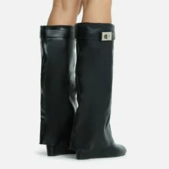 EGO Emile Buckle Detail Wedge Heel Knee High Long Boot In Black Faux Leather -EGO Sales Store 28 10 22 fw20268 copy