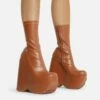 EGO Hellsing Square Toe Chunky Platform Wedge Ankle Sock Boot In Tan Brown Faux Leather -EGO Sales Store 28 10 22 fw20330 copy