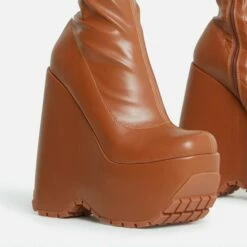 EGO Hellsing Square Toe Chunky Platform Wedge Ankle Sock Boot In Tan Brown Faux Leather -EGO Sales Store 28 10 22 fw20332 copy