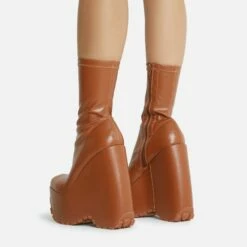 EGO Hellsing Square Toe Chunky Platform Wedge Ankle Sock Boot In Tan Brown Faux Leather -EGO Sales Store 28 10 22 fw20333 copy