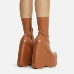 EGO Hellsing Square Toe Chunky Platform Wedge Ankle Sock Boot In Tan Brown Faux Leather -EGO Sales Store 28 10 22 fw20334 copy