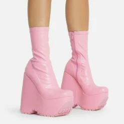 EGO Hellsing Square Toe Chunky Platform Wedge Ankle Sock Boot In Pink Faux Leather