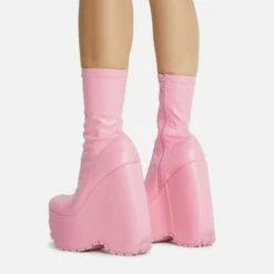EGO Hellsing Square Toe Chunky Platform Wedge Ankle Sock Boot In Pink Faux Leather -EGO Sales Store 28 10 22 fw20343 copy