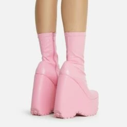 EGO Hellsing Square Toe Chunky Platform Wedge Ankle Sock Boot In Pink Faux Leather -EGO Sales Store 28 10 22 fw20344 copy