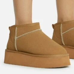 EGO Pumpkin Platform Sole Faux Fur Lining Ultra Mini Ankle Boot In Chestnut Faux Suede -EGO Sales Store 28 10 22 fw20367 copy