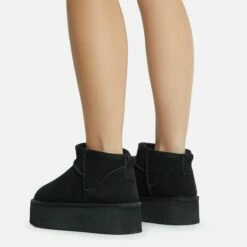 EGO Pumpkin Platform Sole Faux Fur Lining Ultra Mini Ankle Boot In Black Faux Suede -EGO Sales Store 28 10 22 fw20373 copy