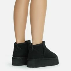 EGO Pumpkin Platform Sole Faux Fur Lining Ultra Mini Ankle Boot In Black Faux Suede -EGO Sales Store 28 10 22 fw20374 copy
